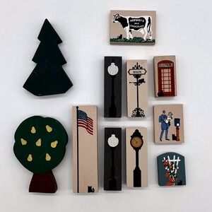 Cat's Meow Village Accessory Lot Trees Signs‎ Lamps Hershey Cow Mailman 11 Pcs
